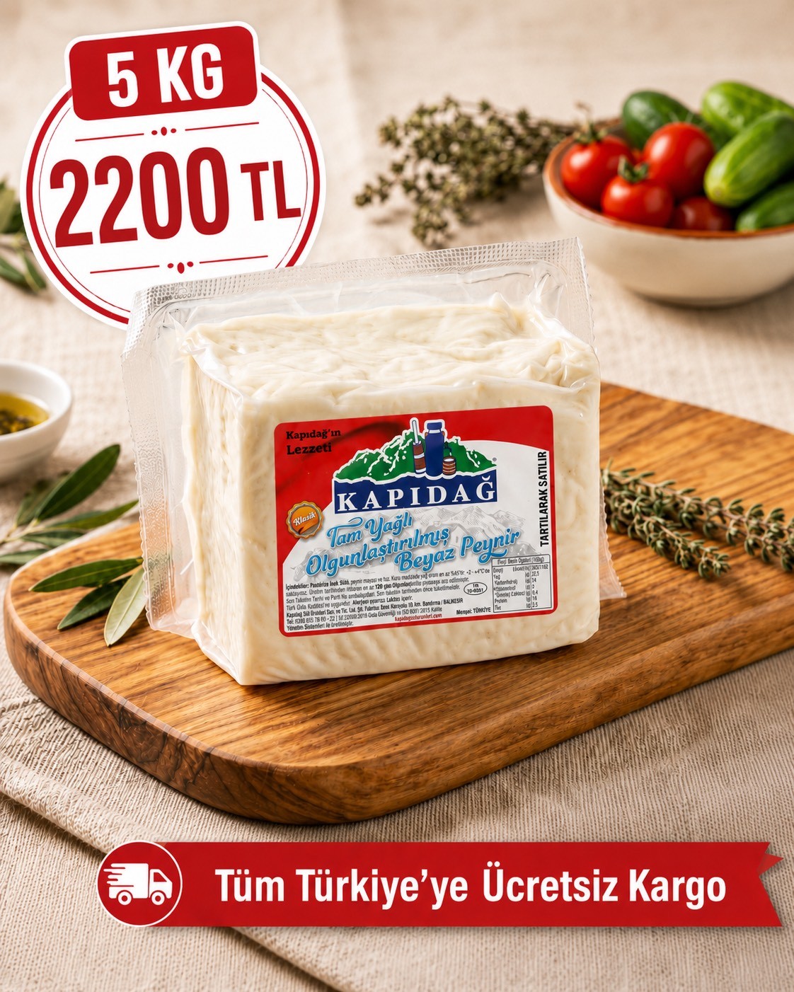 Kapıdağ Tam Yağlı Olgunlaştırılmış Sert Beyaz Peynir 5 kg 